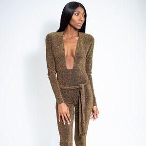 Gold Sparkly Deep V-Neck Jumpsuit